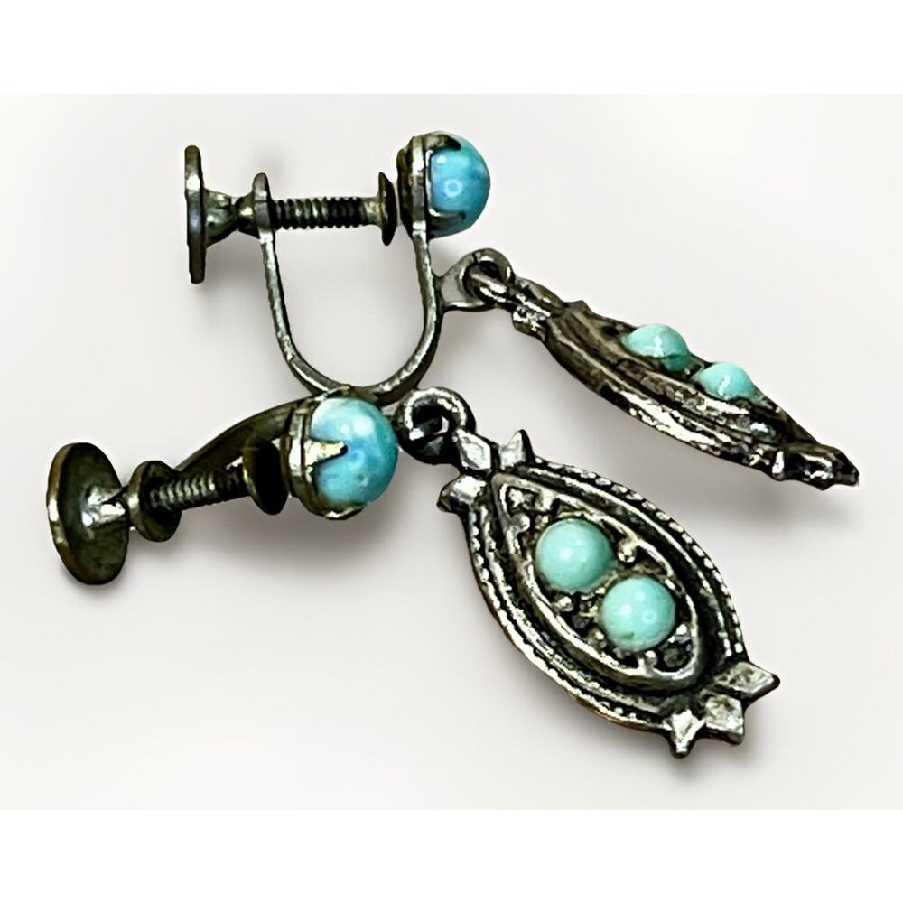 Turquoise Screwback Earring Set Vintage Dangle Silver Plated Southwestern Retro